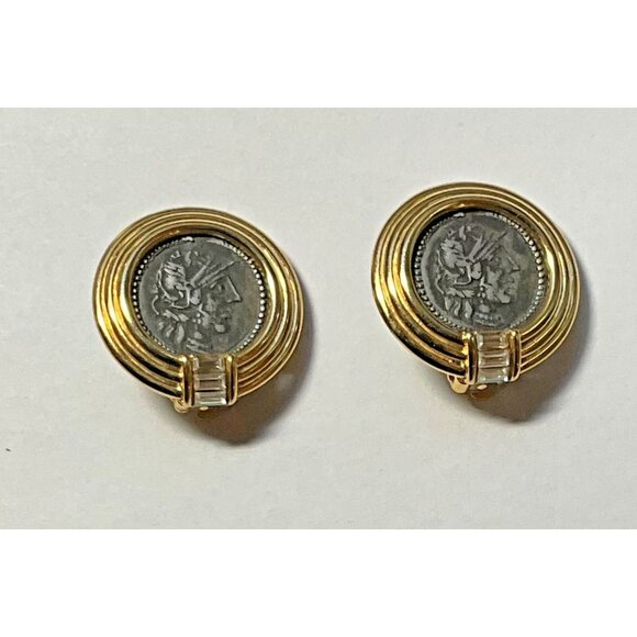 TAT Ancient Roman Clip On Earrings Greek Faux Coin Baguette Rhinestone Gold Tone - Picture 3 of 4